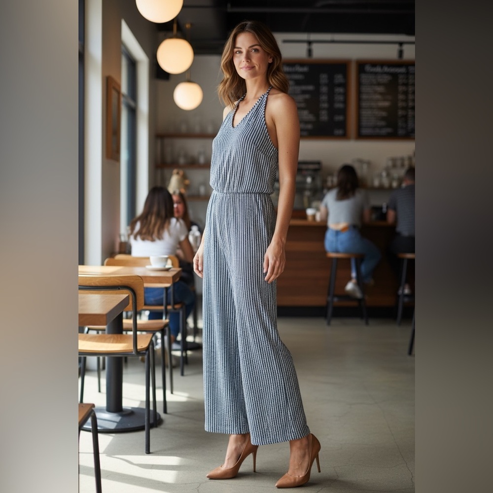 NWT Elegant Navy Blue and White Striped Jumpsuit